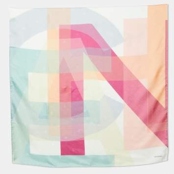 Pre Owned Chanel Multicolor Stacked Logo Print Silk Square Scarf
