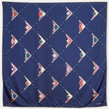 Pre Owned Chanel Navy Blue CC Geometric Print Silk Scarf