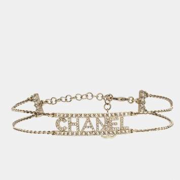 Pre Owned Chanel Logo Crystal Gold Tone Necklace