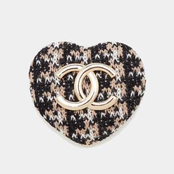 Pre Owned Chanel CC Coco Heart Fabric Gold Tone Brooch