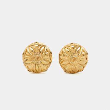 Pre Owned Chanel CC Medallion Gold Tone Clip On Earrings