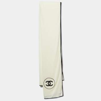 Pre Owned Chanel Cream CC Embroidered Cashmere & Silk Knit Scarf