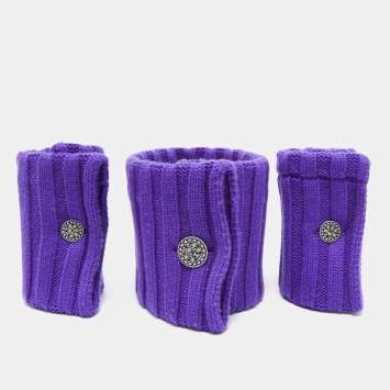 Chanel Purple Cashmere Knit Necklap Muffler and Mousquetaire Cuffs