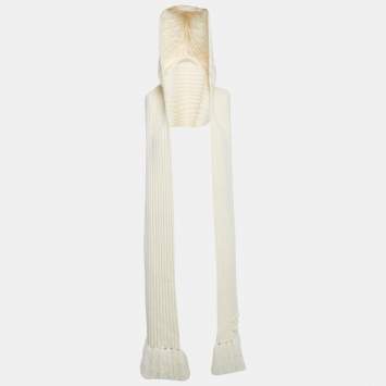 Pre Owned Chanel White Cashmere Knit Fringed Hood Scarf 