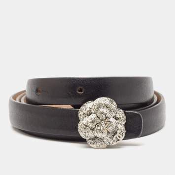 Pre Owned Chanel Black Leather Camellia Buckle Slim Belt 90CM