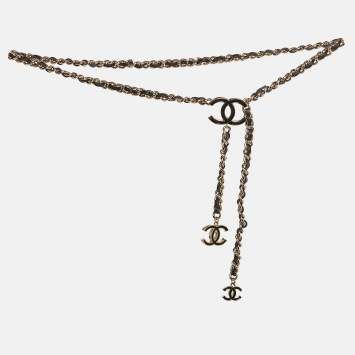 Pre Owned Chanel CC Black Leather CC Charm Gold Tone Chain Belt