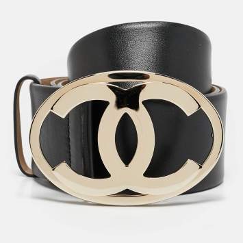 Pre Owned Chanel Black Leather Interlocking CC Buckle Belt 80 CM