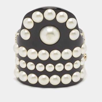 Chanel CC Black Resin Faux Pearl Gold Tone Cuff Bracelet