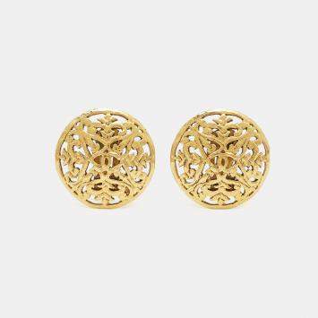 Pre Owned Chanel CC Cut Out Gold Tone Round Stud Earrings
