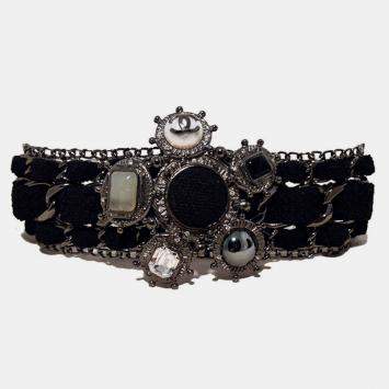 Chanel Black Wool And Gunmetal Charms Bracelet