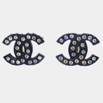 Pre Owned Chanel CC Black Rhinestone Clip-On Earrings 