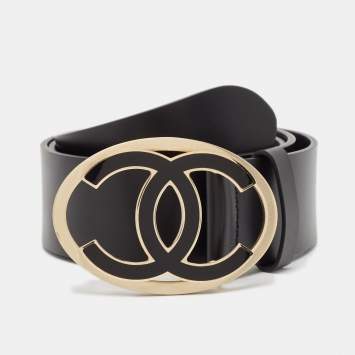Pre Owned Chanel Black Leather CC Logo Buckle Belt 85CM