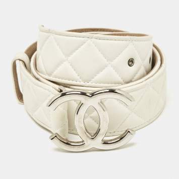 Pre Owned Chanel White Quilted Leather CC Belt 85CM