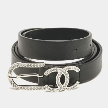 Chanel Black Leather CC Crystals Buckle Belt 85CM