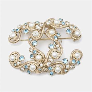 Pre Owned Chanel CC Faux Pearl Crystal Gold Tone Brooch