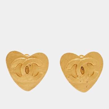 Pre Owned Chanel CC Heart Gold Tone Earrings