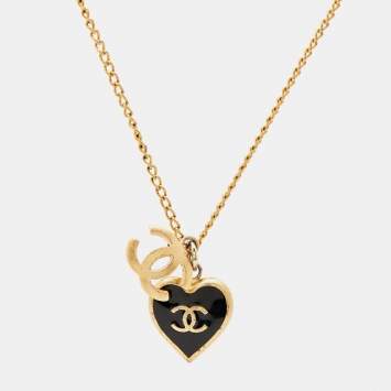 Chanel CC Heart Enamel Gold Tone Necklace