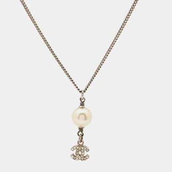 Chanel CC Crystals Faux Pearl Silver Tone Necklace