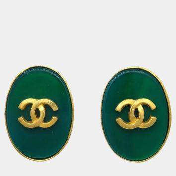 Chanel Green Gold Plated Oval Stone Clip-On Earrings  