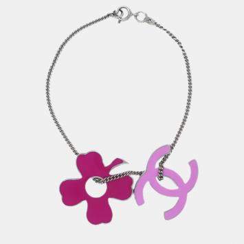 Pre Owned Chanel Silver Plated CC Clover Chain Bracelet