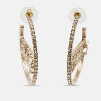 Chanel Strass Crystals Gold Tone Hoop Earrings