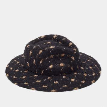 Chanel Navy Blue Fantasy Tweed Runway Boater Hat M