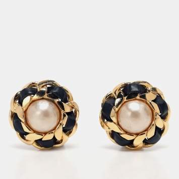 Pre Owned Chanel Gold/Black Faux Pearl and Leather Chain Iconic Clip On Earrings