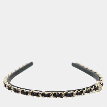 Chanel Black & Silver Leather and Metal CC Classic Chain Headband