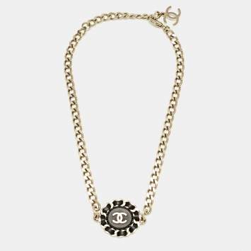 Chanel Interlaced CC Medallion Leather Gold Tone Pendant Chain Necklace
