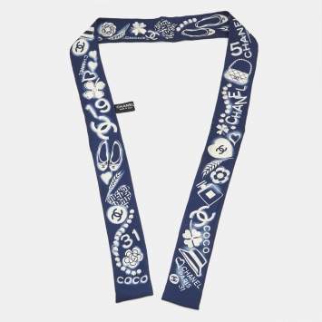 Chanel Dark Blue CC Charms Print Silk Slim Bandeau Scarf