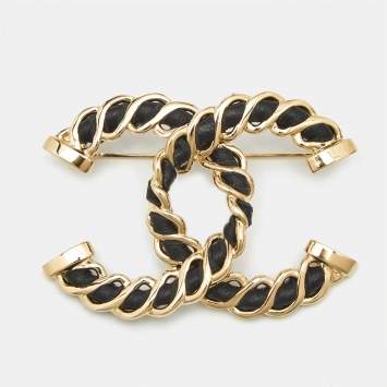 Pre Owned Chanel CC Leather Gold Tone Brooch