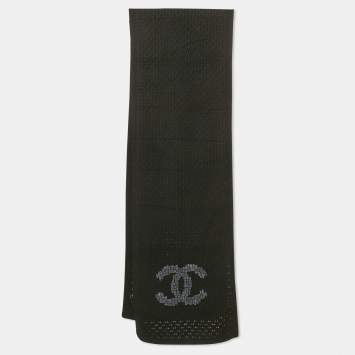 Chanel Black CC Embroidered Cashmere Knit Scarf