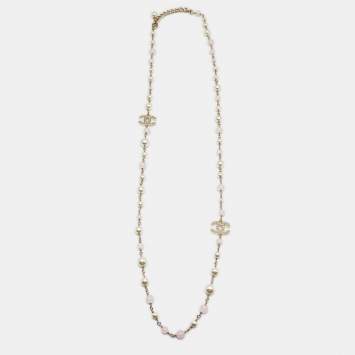 Chanel CC Faux Pearl Beads Gold Tone Long Necklace