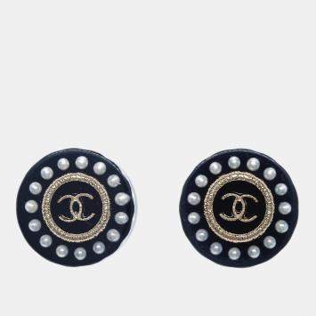 Chanel Black Gold Plated Acrylic Button Piercing Earrings