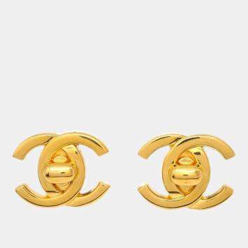 Pre Owned Chanel Gold Plated CC Turnlock Earrings Clip-On 