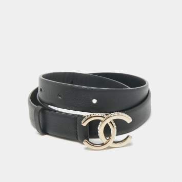 Chanel Black Leather CC Crystals Buckle Slim Belt 75CM