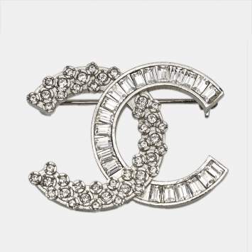 Chanel CC Crystal Embellished Silver Tone Pin Brooch