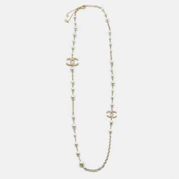 Chanel CC Crystals Faux Pearl Gold Tone Long Necklace
