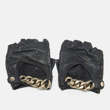 Chanel Black Perforated Leather Chain Link Fingerless Gloves