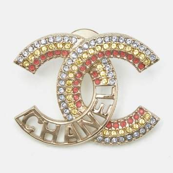 Pre Owned Chanel CC Crystals Gold Tone Pin Brooch