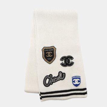 Chanel Logo Patch Scarf White/Black Cashmere100%