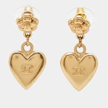 Pre Owned Chanel CC Flower Heart Gold Tone Dangle Earrings