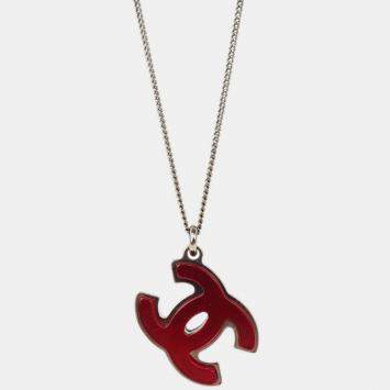 Pre Owned Chanel CC Chain Silver Red Black Acrylic Pendant Necklace