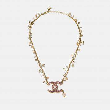 Pre Owned Chanel CC Rhinestone Artificial Pearl Gold Chain Pendant Necklace