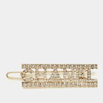 Pre Owned Chanel Logo Crystals Gold Tone Hair Clip