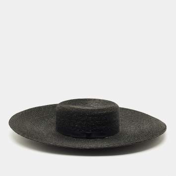 Pre Owned Chanel Black CC Straw Wide Sun Hat M