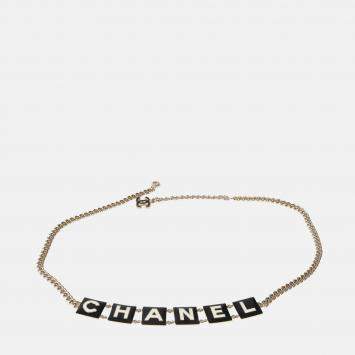 Pre Owned Chanel 2022 Black & White Enamel Gold Plated Logo Belt