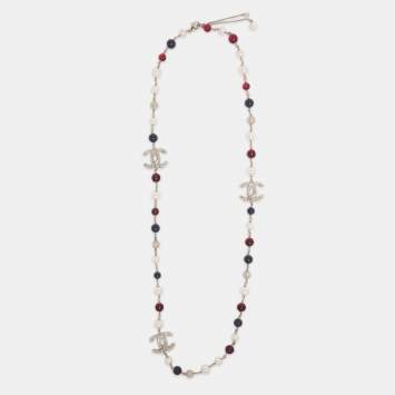 Pre Owned Chanel CC Resin Faux Pearl Gold Tone Long Necklace