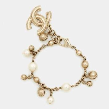 Pre Owned Chanel  CC Faux Pearl Gold Tone Ankle Bracelet