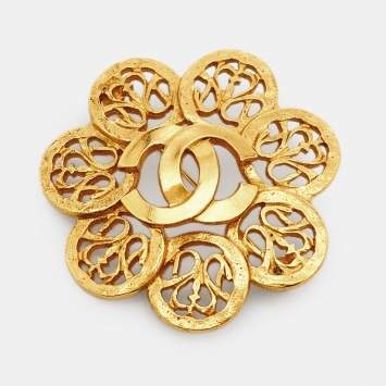 Pre Owned Chanel CC Round Openwork Gold Tone Pin Brooch 